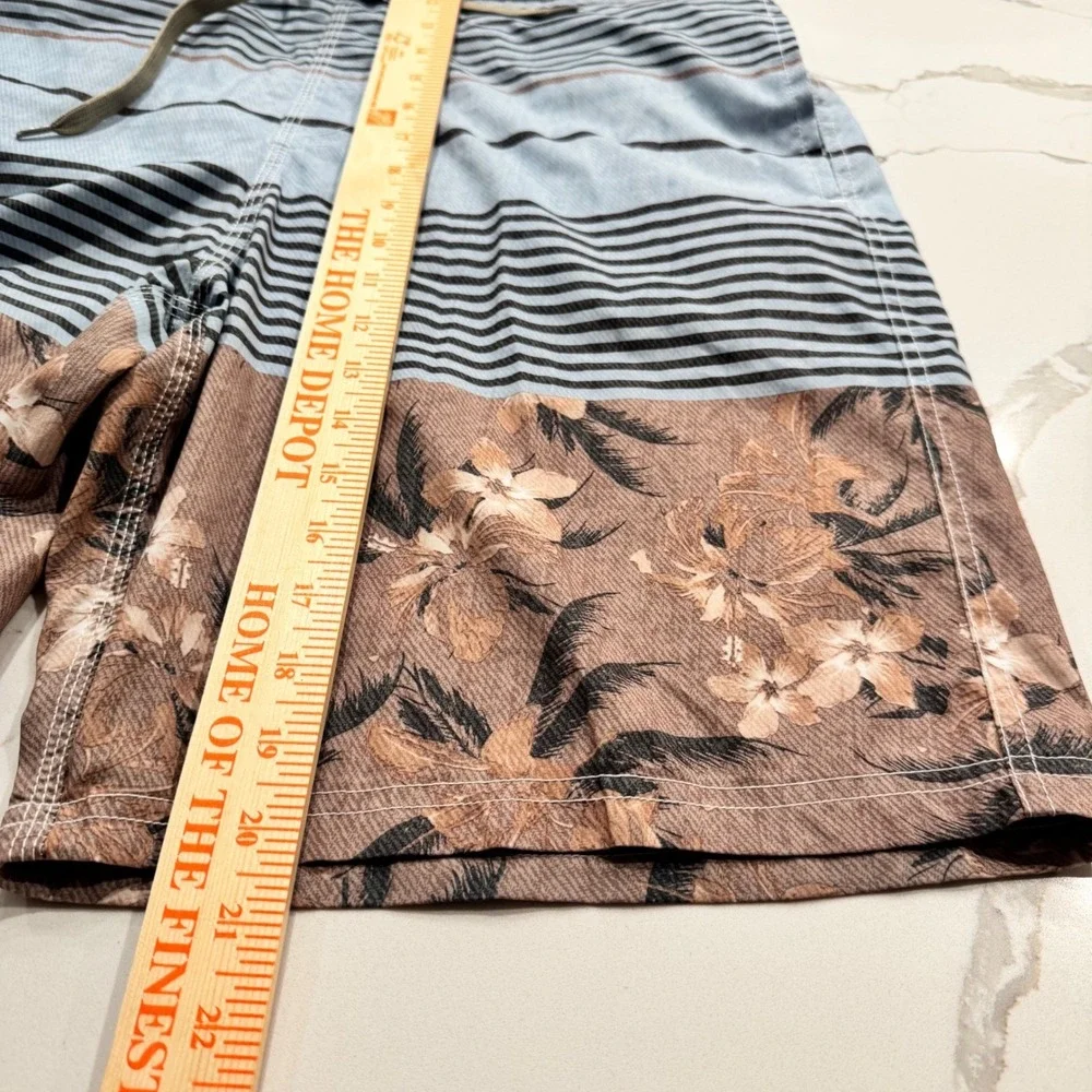 Men's Blue and Brown Floral Stripe Swim Trunks